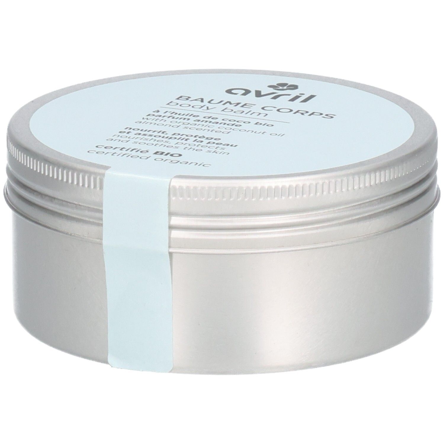 Pot argenté avec couvercle bleu clair. Inscription: Avril, Baume Corps, Body Balm. Certifié Bio. Un autocollant bleu clair.