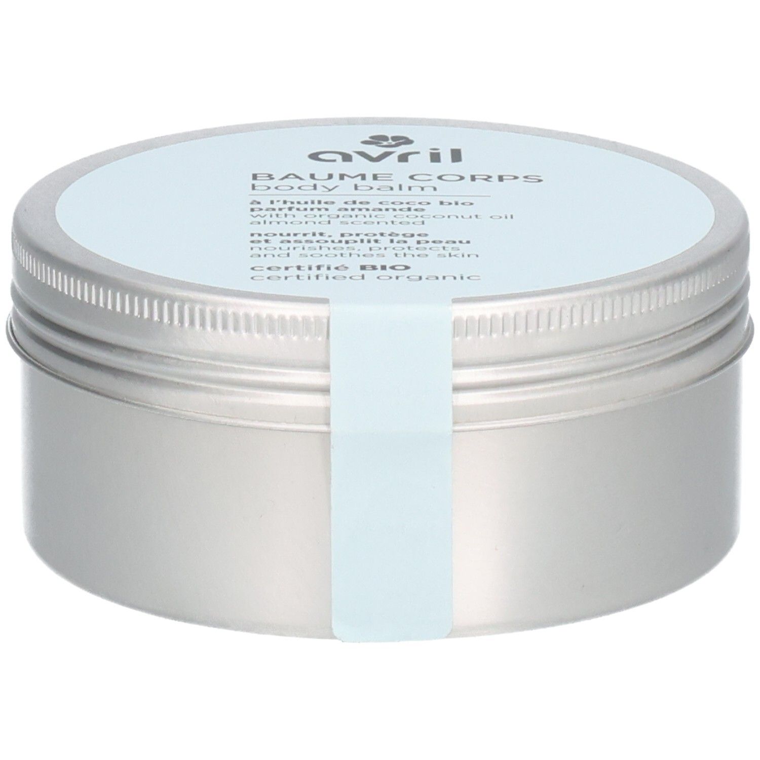 Pot argenté avec couvercle bleu clair. Inscription: Avril, Baume Corps, Body Balm. Certifié Bio. Un autocollant bleu clair.