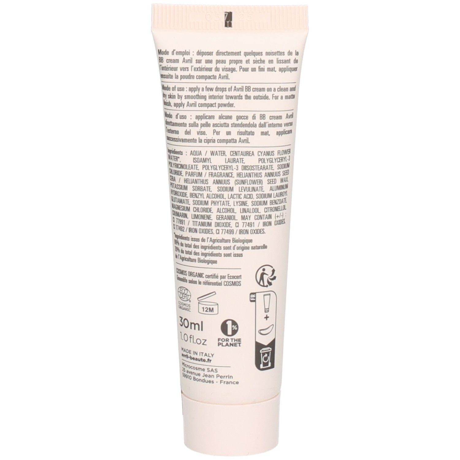 Dos du tube. Texte: Mode d'emploi, ingrédients, 30ml, 1.0fl.oz, Made in Italy, certifié BIO, logo pour la planète.