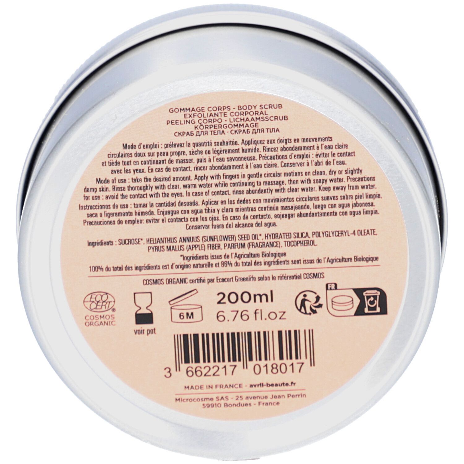 Fond de pot rond avec texte. Ingrédients, mode d'emploi, certifications, indication de volume: 200ml.