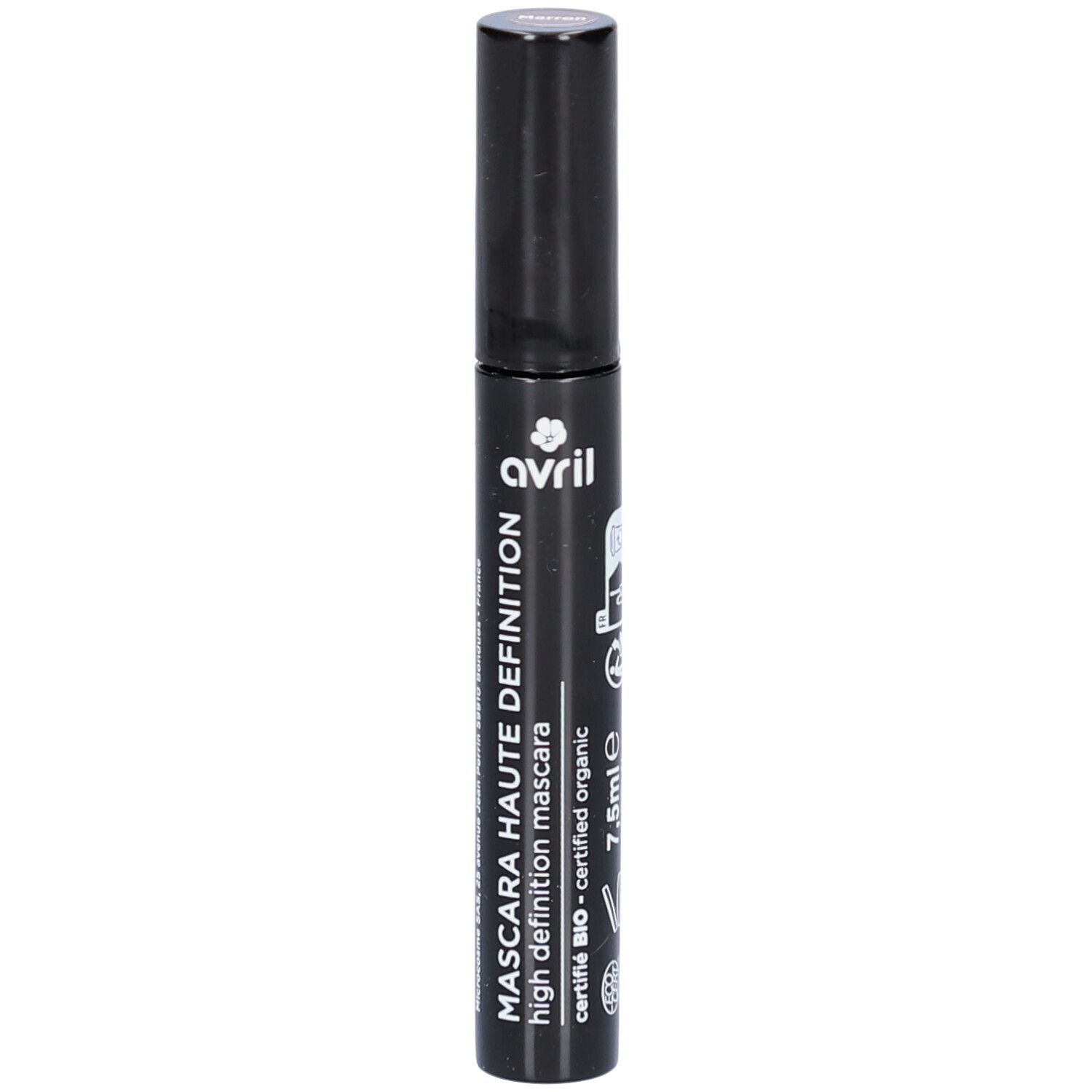 Tube de mascara noir avec texte "Mascara Haute Définition". Marque: AVRIL. Certifié bio. 7,5 ml.