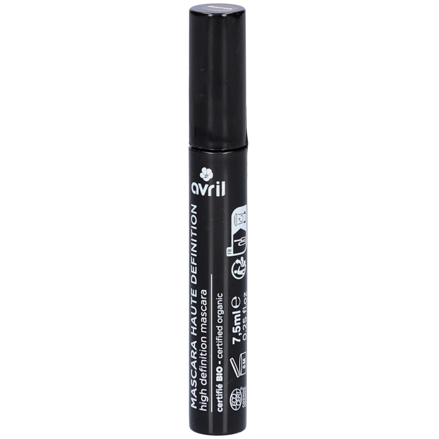 Tube de mascara noir avec texte "Mascara Haute Définition". Marque: AVRIL. Certifié bio. 7,5ml.