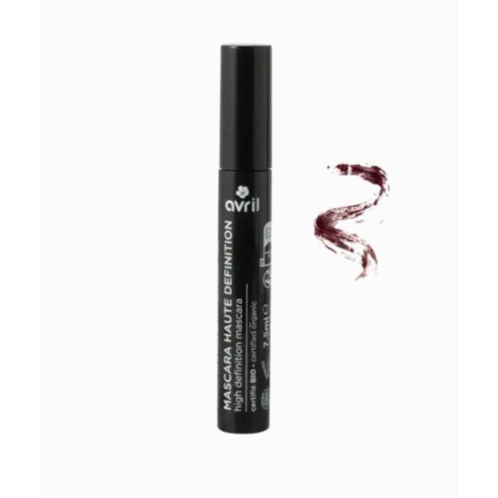 Flacon de mascara noir avec texte: Avril Haute Définition Mascara, certifié bio. Bouchon noir.