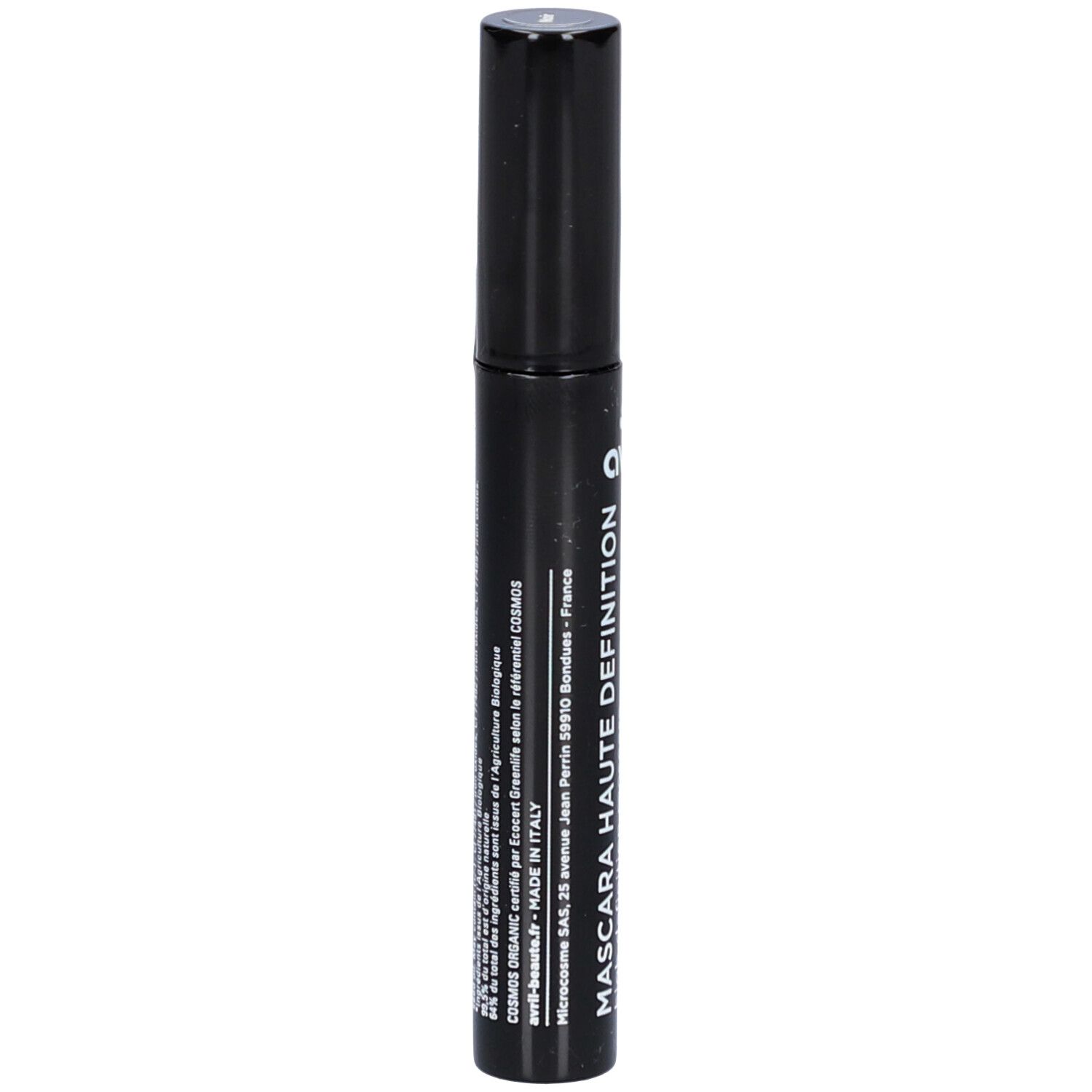 Tube de mascara noir avec texte. Adresse du fabricant : Microcosme SAS, France. Fabriqué en Italie. Certifié COSMOS ORGANIC.