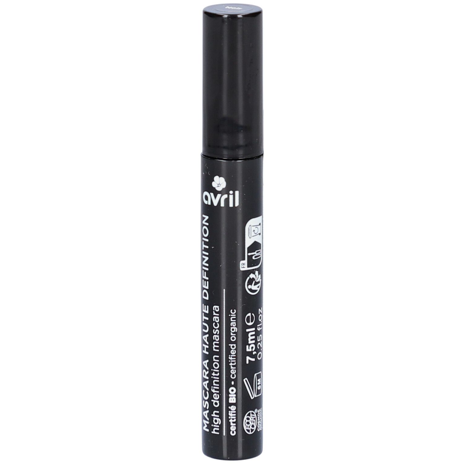 Tube de mascara noir avec inscription "Mascara Haute Definition" et "Avril". Volume : 7,5 ml. Produit bio certifié.