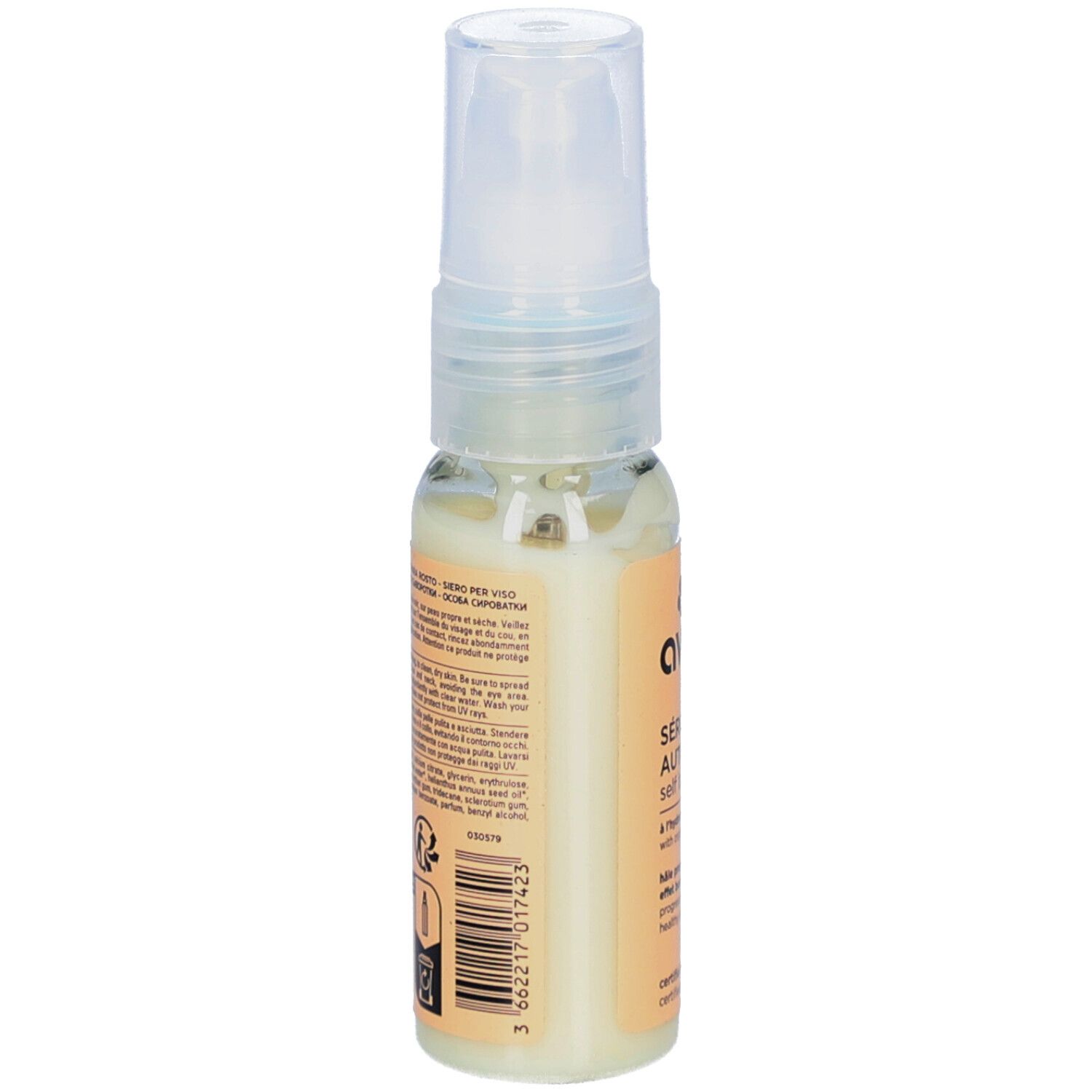 Vue latérale du sérum autobronzant AVRIL. Inscriptions: Sérum Autobronzant, ingrédients, certifications.