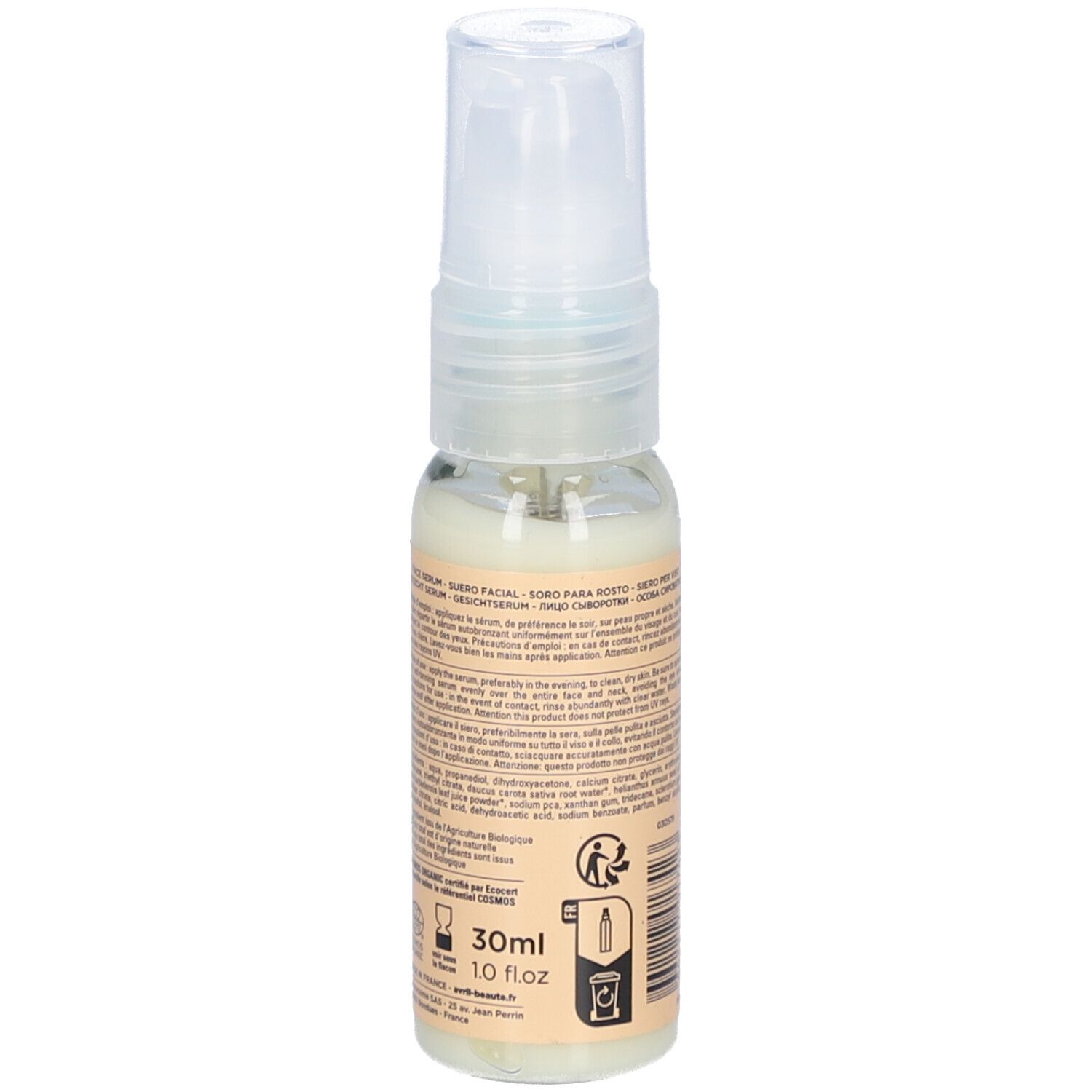 Dos du flacon de sérum autobronzant AVRIL. Texte: ingrédients, mode d'emploi, certifications, 30ml.
