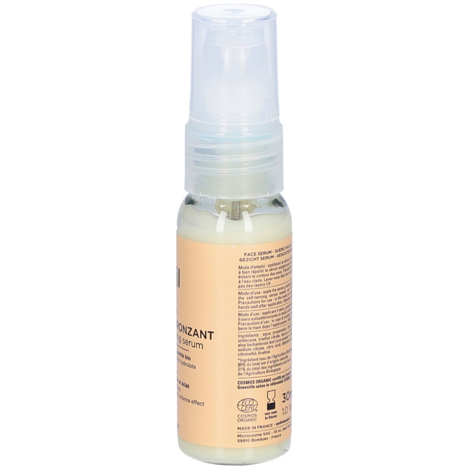 Dos du flacon de sérum autobronzant AVRIL. Texte: ingrédients, mode d'emploi, certifications, 30ml.