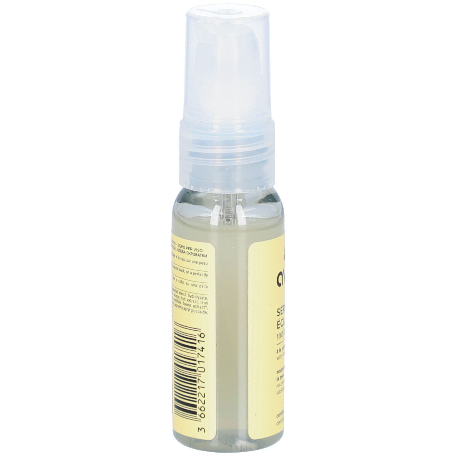 Sérum Eclat AVRIL, dos du flacon. Code-barres et texte sur étiquette jaune. Liquide transparent visible.