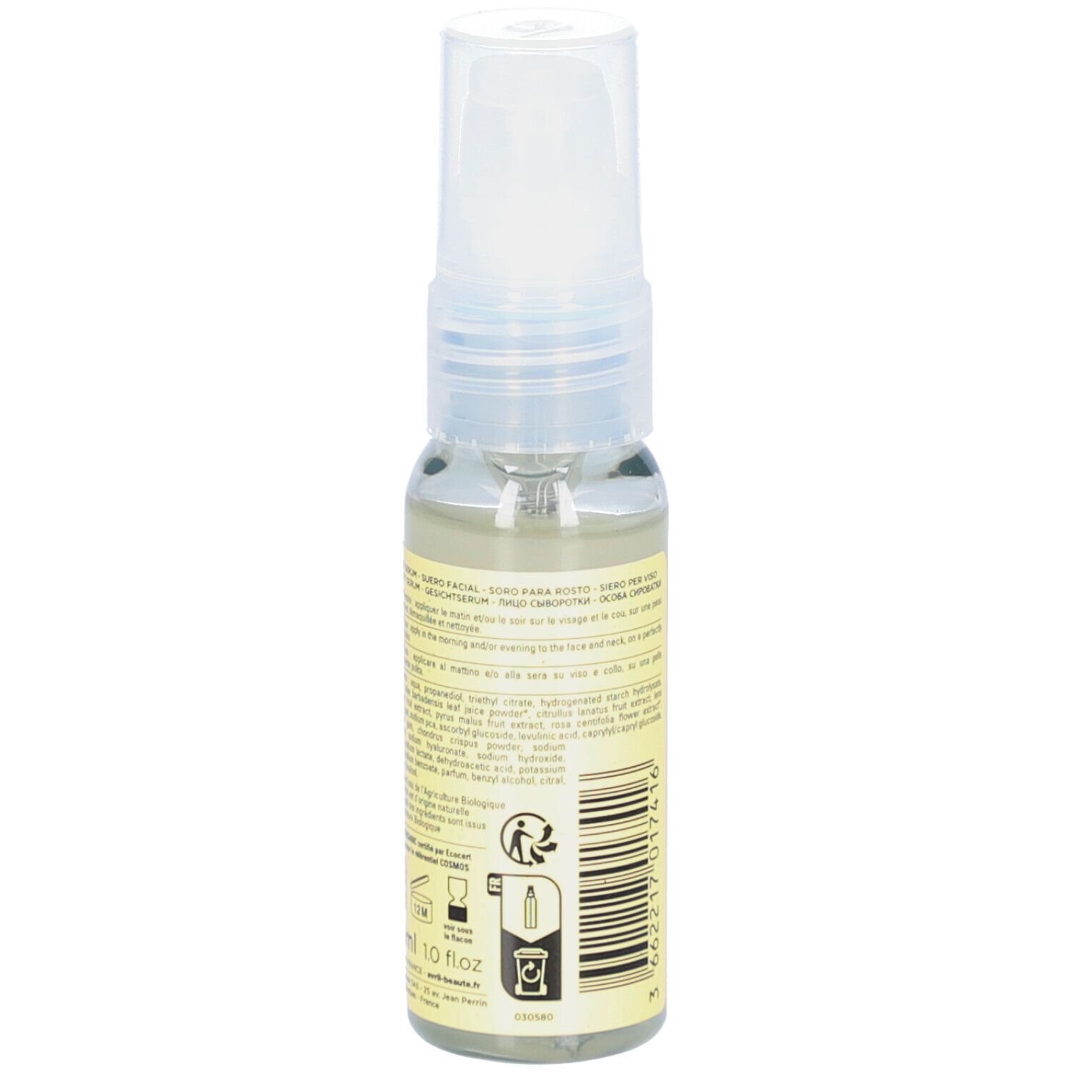 Sérum Eclat AVRIL, dos du flacon. Texte sur étiquette jaune. Liquide transparent visible. Symboles de recyclage.