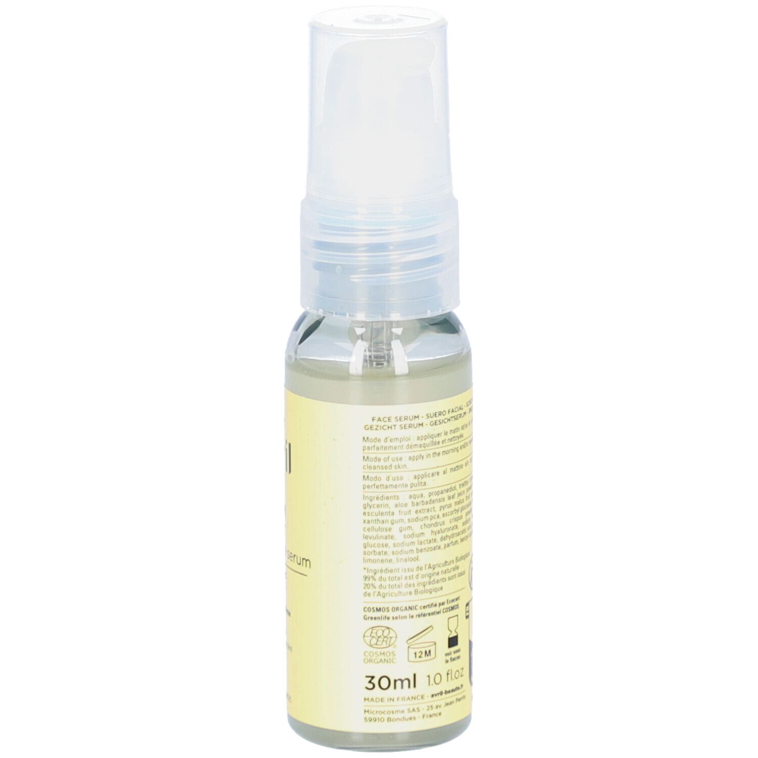 Sérum Eclat AVRIL, dos du flacon. Texte sur étiquette jaune. Liquide transparent visible. 30ml, 10 fl oz.