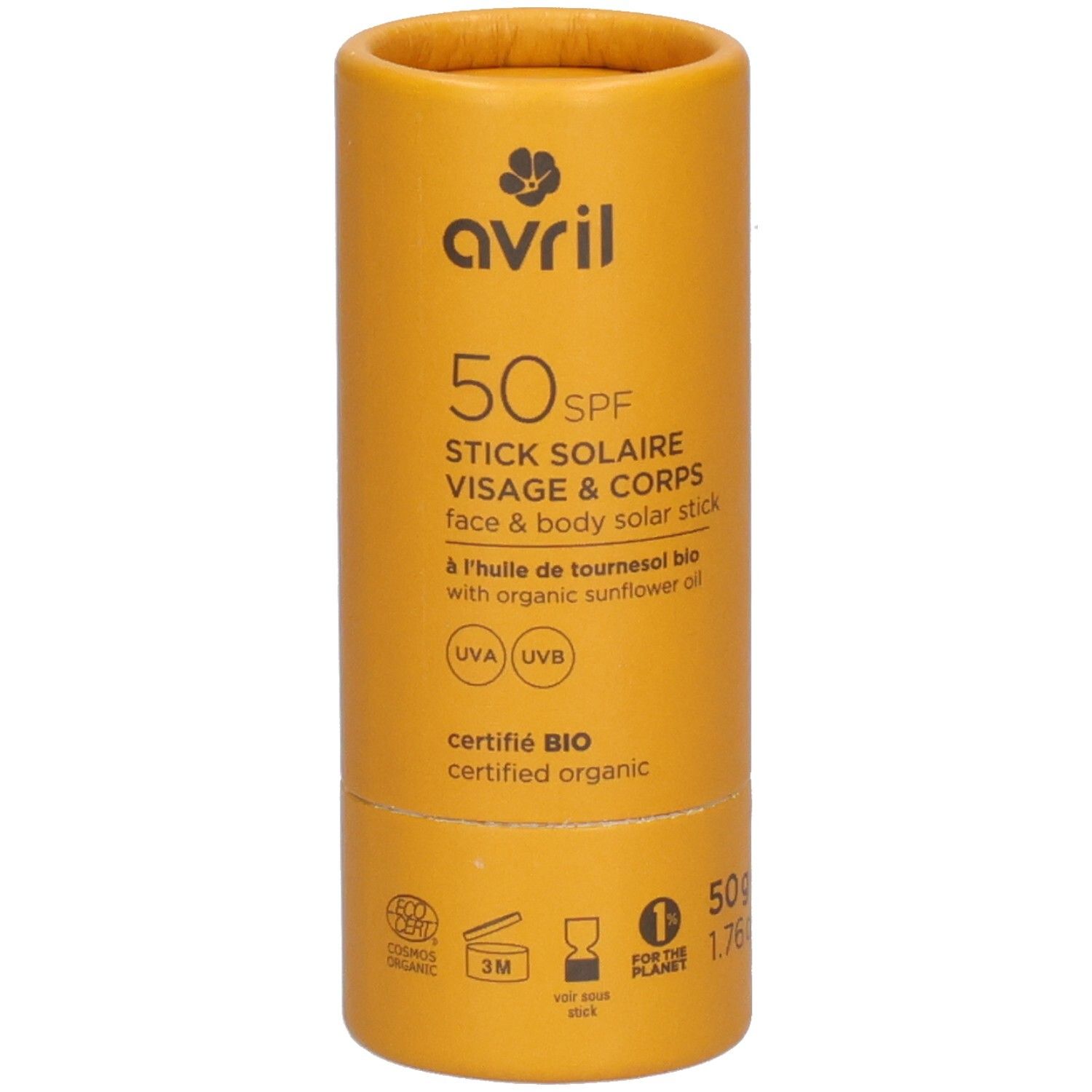Emballage cylindrique jaune. Inscription: Avril, 50 SPF, Stick Solaire, Visage & Corps. Certifié BIO. Avec huile de tournesol.