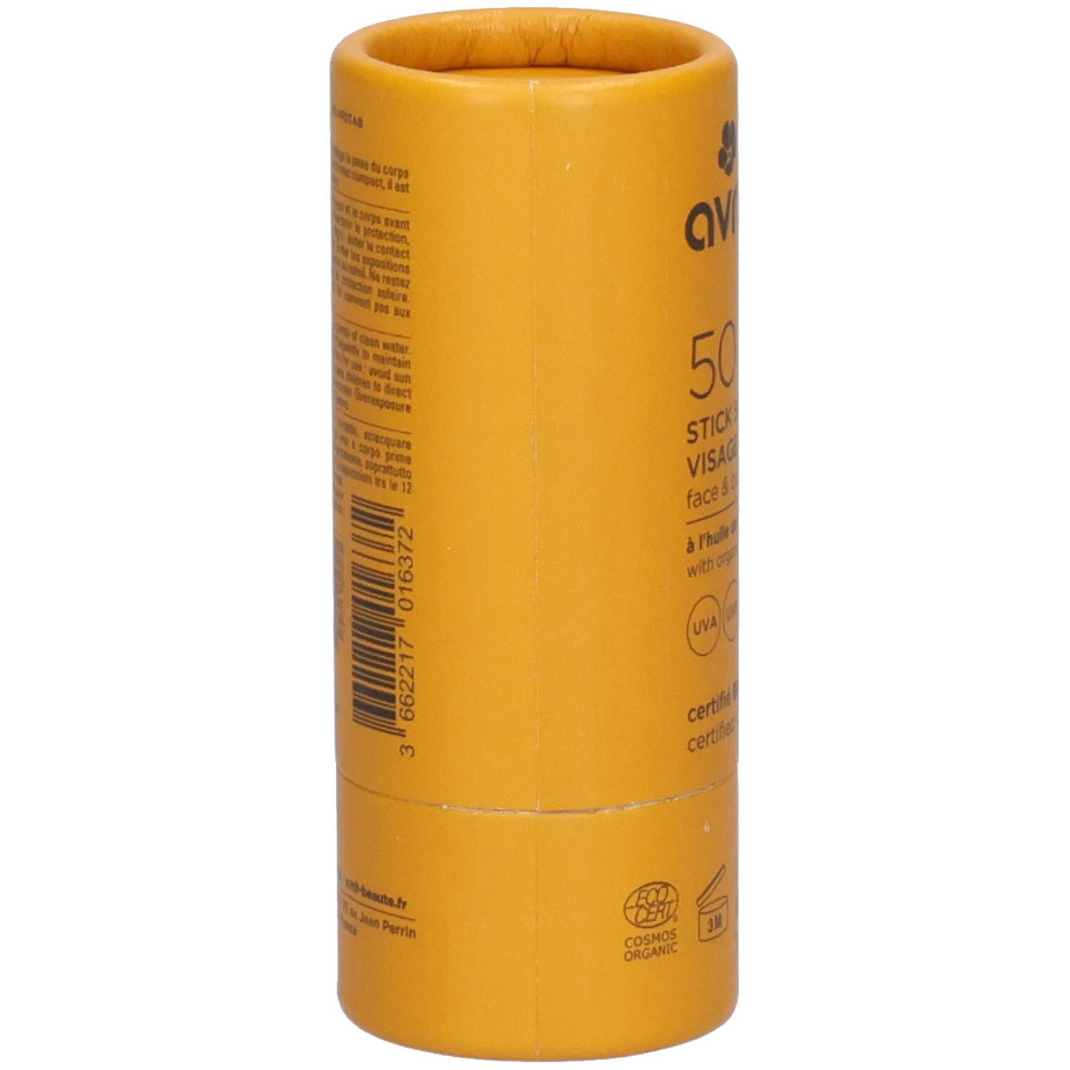 Emballage cylindrique jaune. Dos avec texte et code-barres. Inscription: Avril, 50 SPF, Stick Solaire, Visage & Corps.