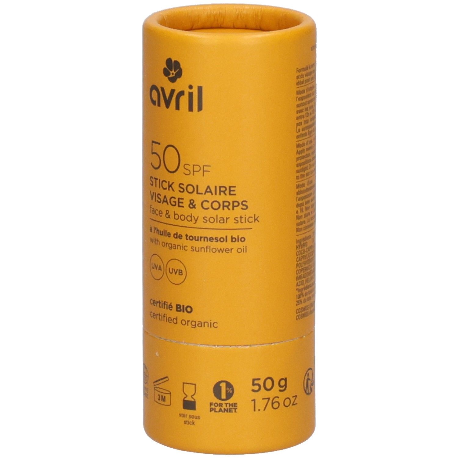 Emballage cylindrique jaune. Inscription: Avril, 50 SPF, Stick Solaire, Visage & Corps. 50g, 1.76 oz. Certifié BIO.