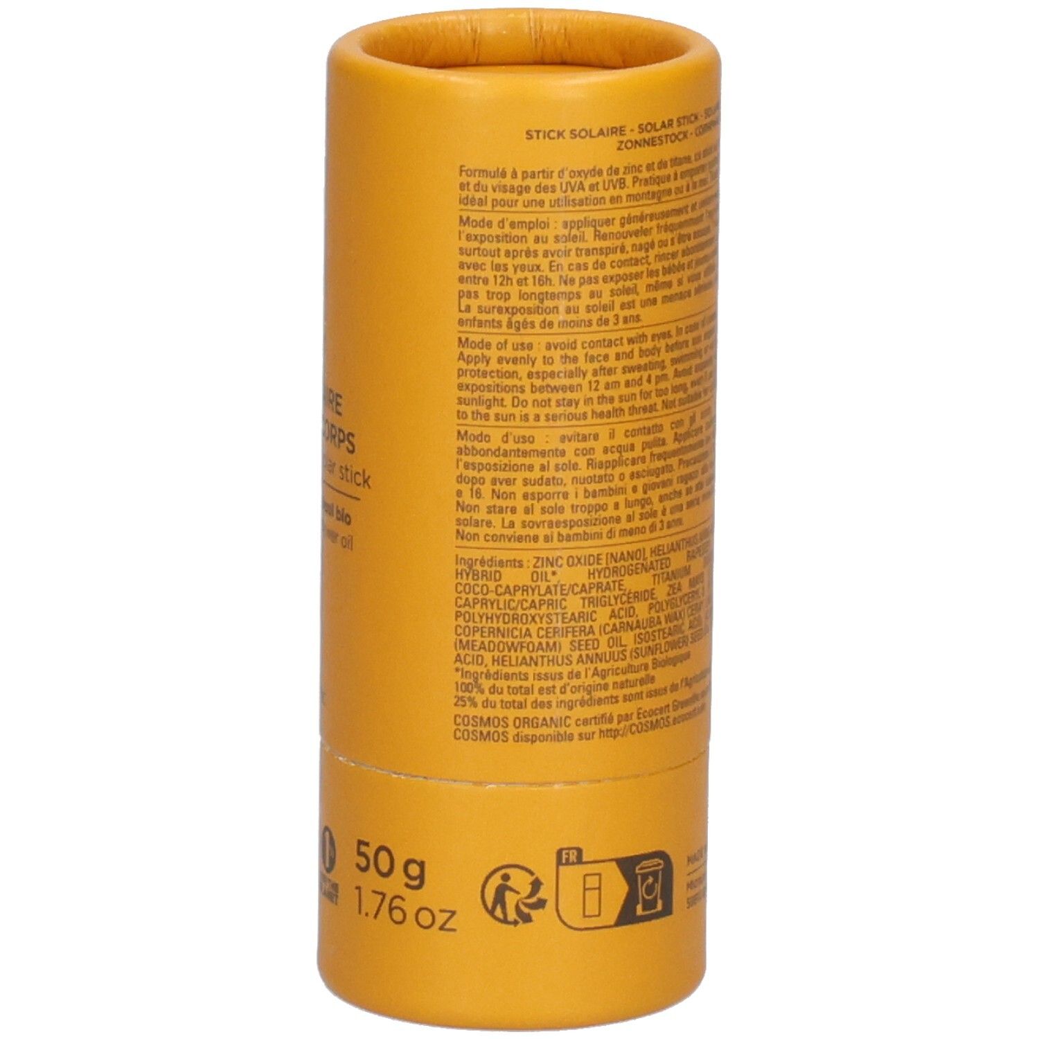 Emballage cylindrique jaune. Dos avec texte. Inscription: Avril, 50 SPF, Stick Solaire, Visage & Corps. 50g, 1.76 oz.