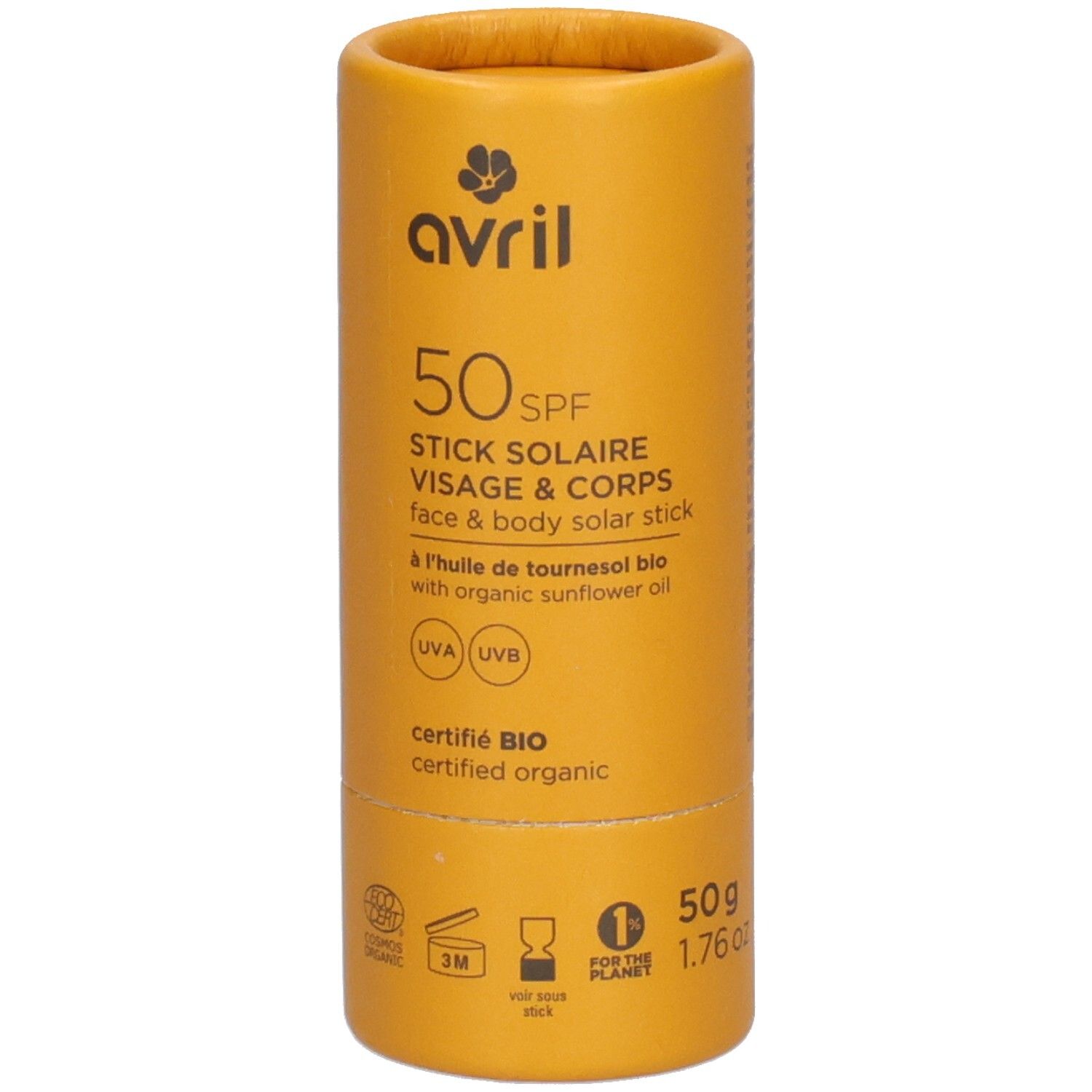 Emballage cylindrique jaune. Inscription: Avril, 50 SPF, Stick Solaire, Visage & Corps. Certifié BIO. 50g, 1.76 oz.