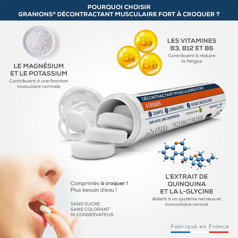 Comprimés dans un tube. Inscription: DÉCONTRACTANT MUSCULAIRE FORT. Vitamines B3, B6, B12. Une femme prend un comprimé.
