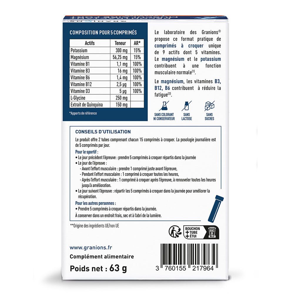 Dos de l'emballage des comprimés. Composition, conseils d'utilisation. Inscription: DÉCONTRACTANT MUSCULAIRE FORT.