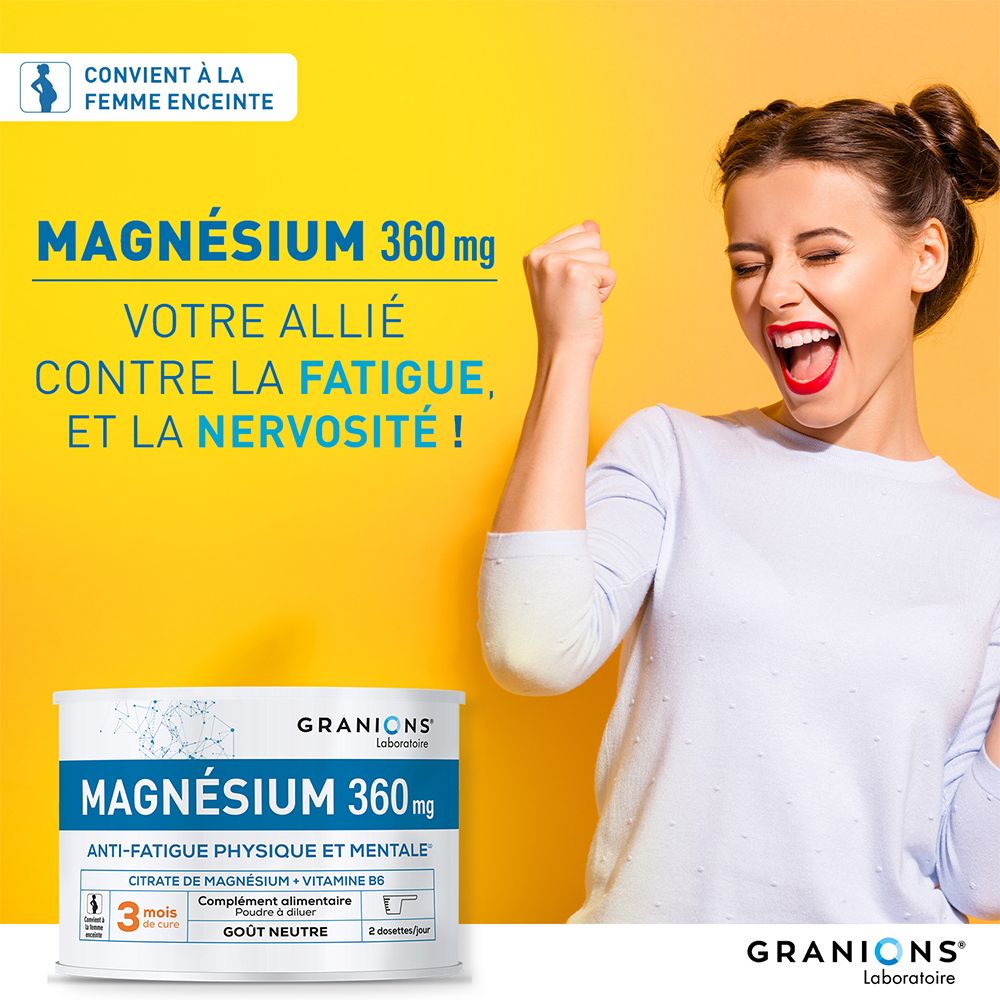 Femme qui jubile. Boîte Magnésium 360 mg au premier plan. Texte : Votre allié contre la fatigue et la nervosité !