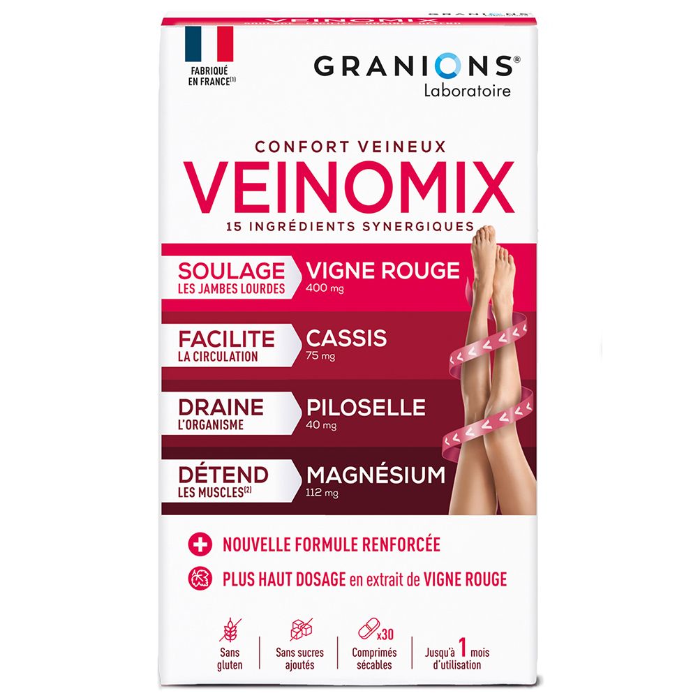 Boîte de Granions Veinomix. Contient 30 comprimés. Ingrédients et drapeau français visibles.