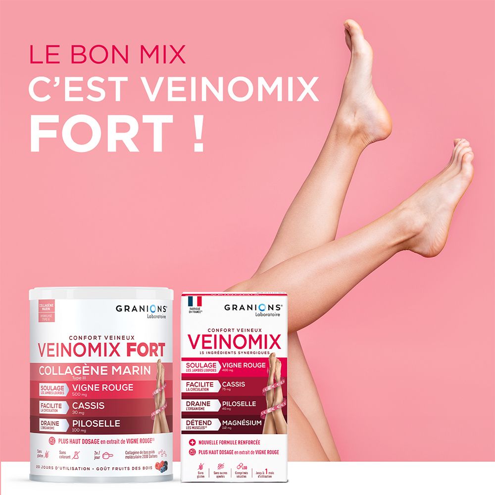 Deux produits: Granions Veinomix Forte et Veinomix. Fond rose avec jambes.