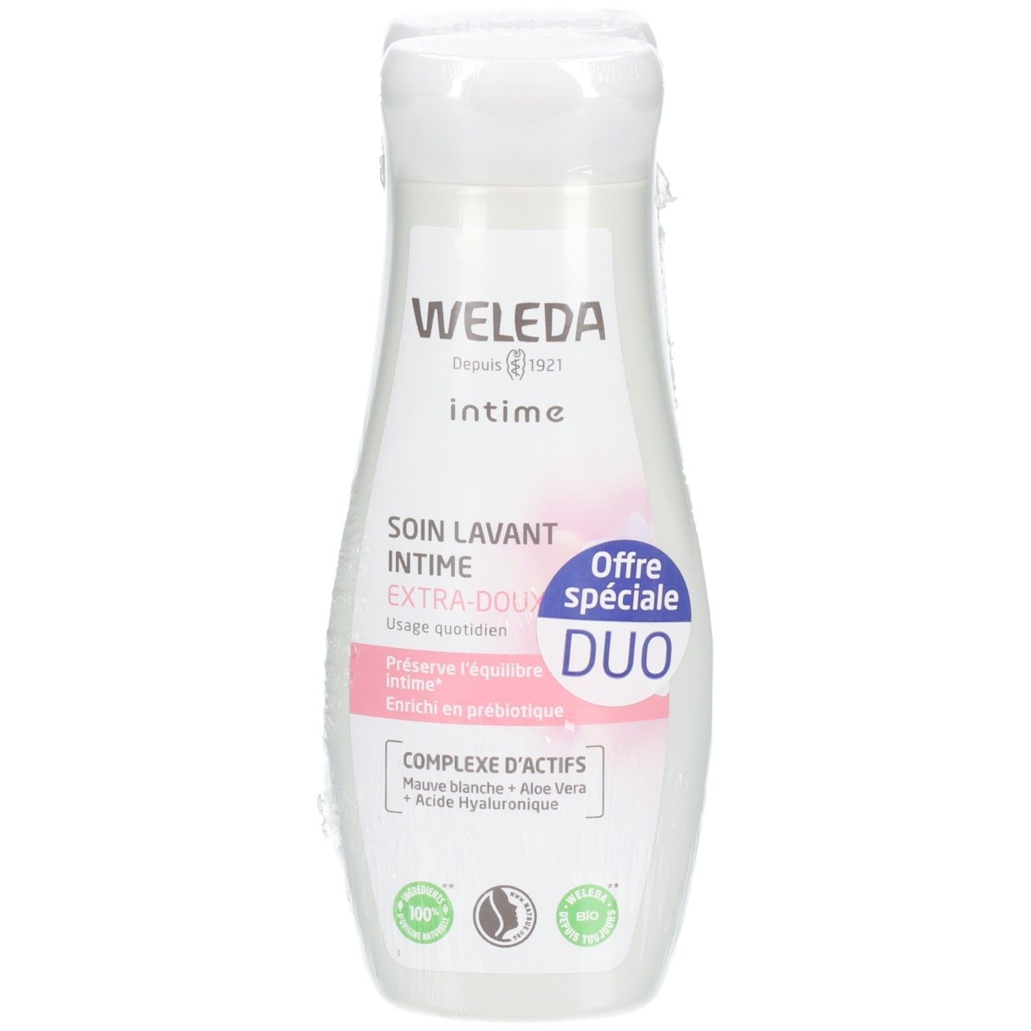 Flacon Weleda Intime. Blanc, touches de rose. Inscription : Intime, Soin lavant, Duo. Certification bio.