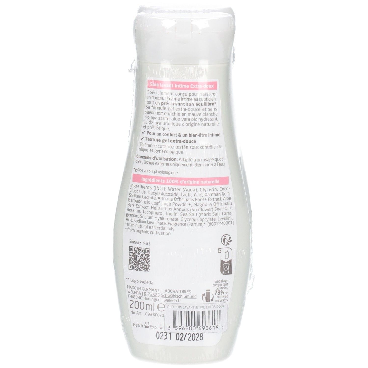 Dos du flacon Weleda Intime. Inscriptions : ingrédients, 200ml, QR code, date de péremption. Certification bio.