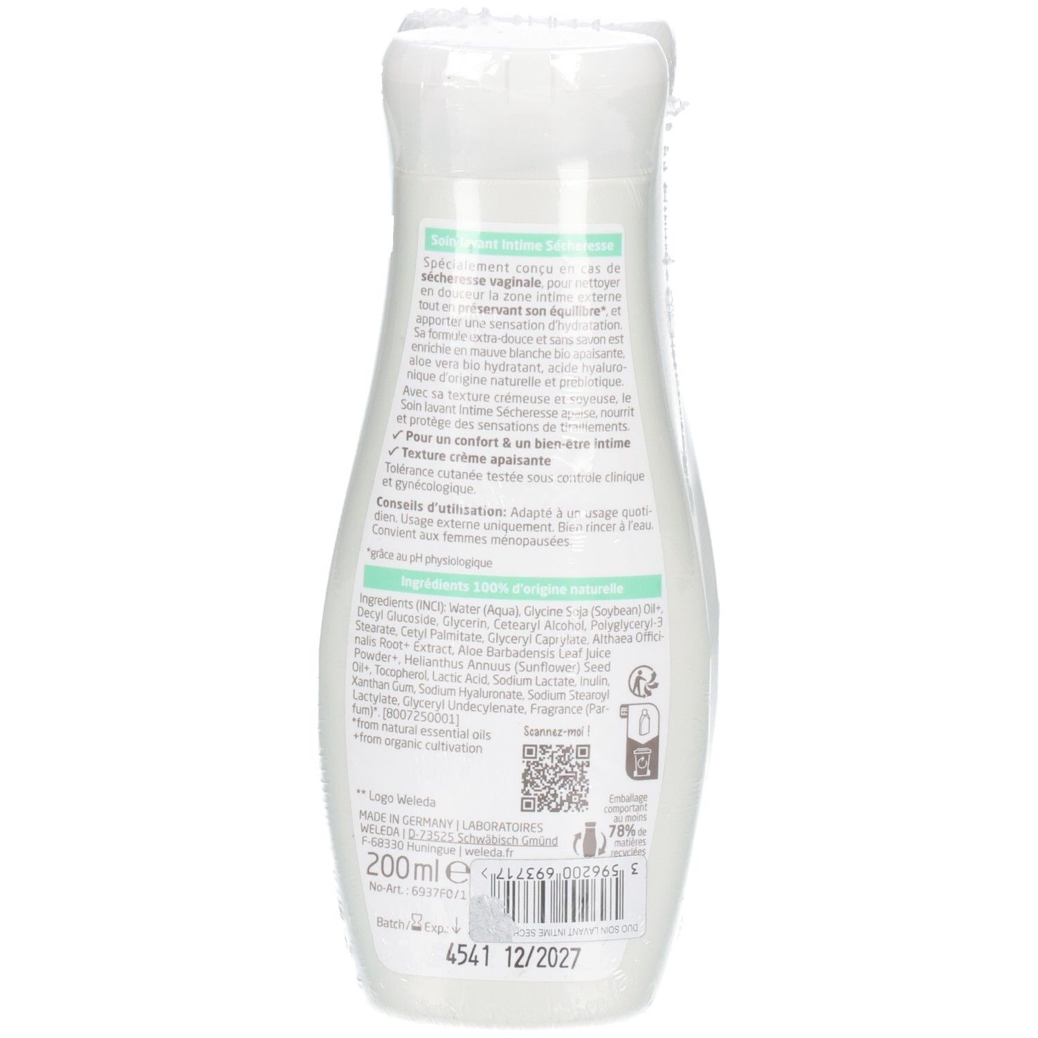 Dos du flacon Weleda Intime. Texte: ingrédients, conseils d'utilisation, 200 ml, date de péremption. Logo bio.