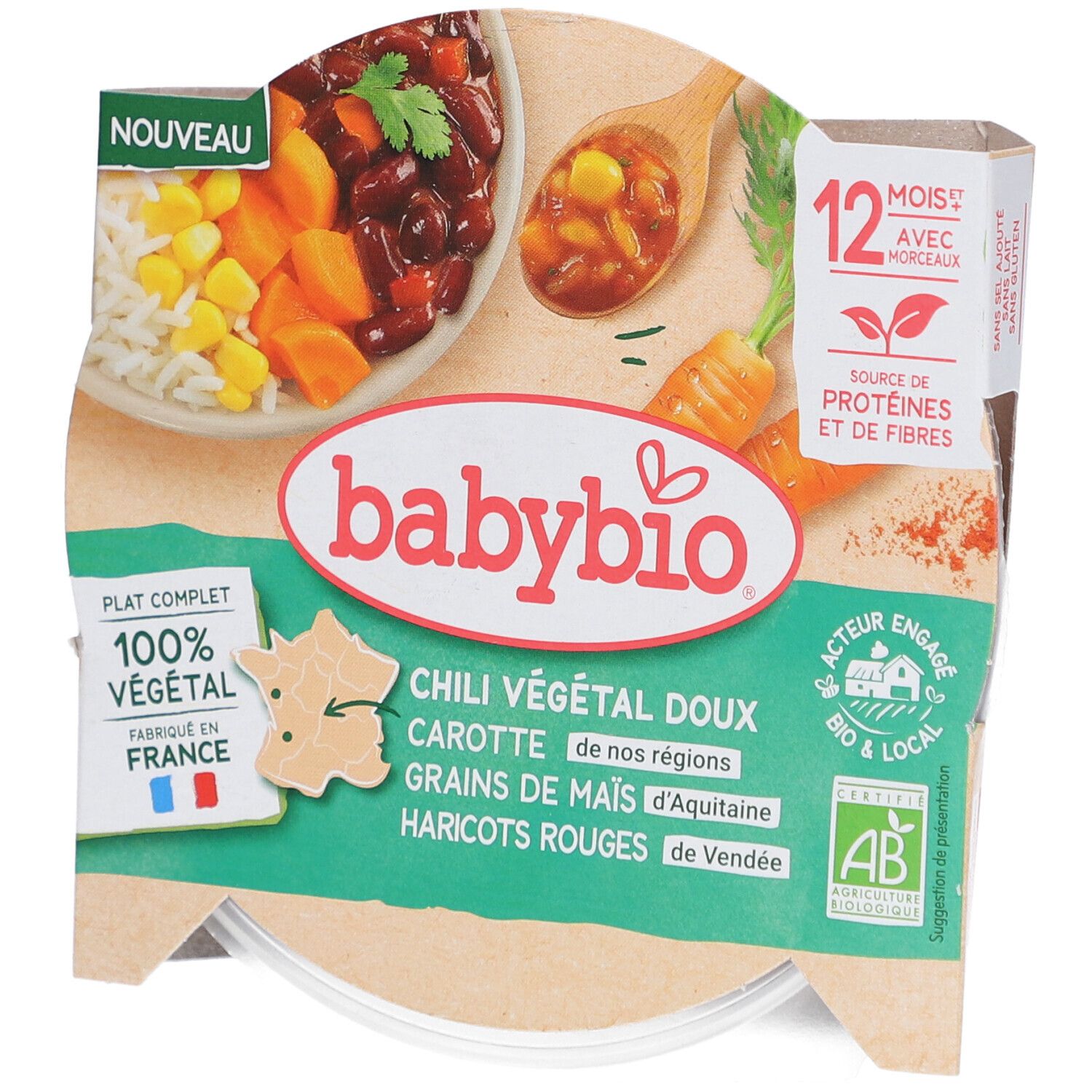 BABYBIO Chili Végétal Doux Carottes Grains de Maïs Haricots Rouges
