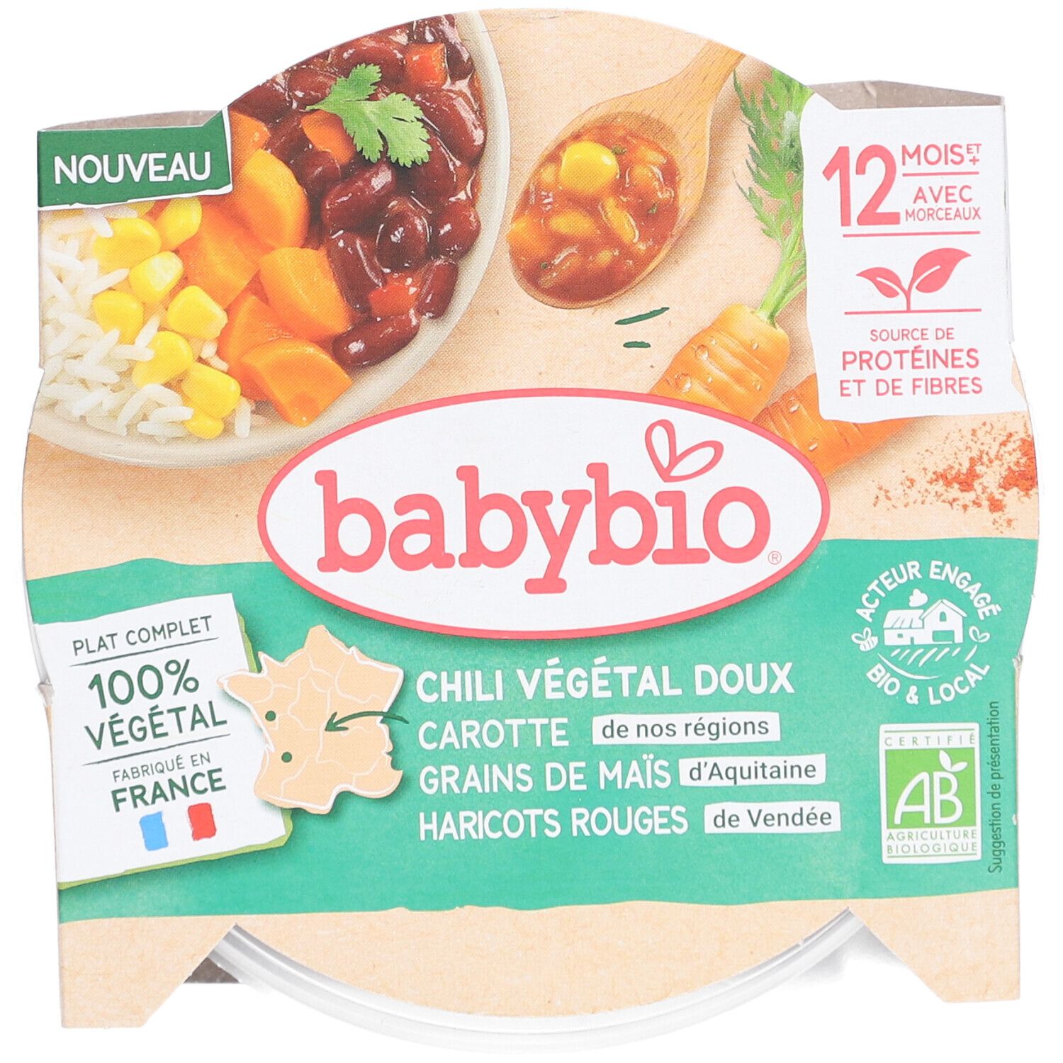 BABYBIO Chili Végétal Doux Carottes Grains de Maïs Haricots Rouges