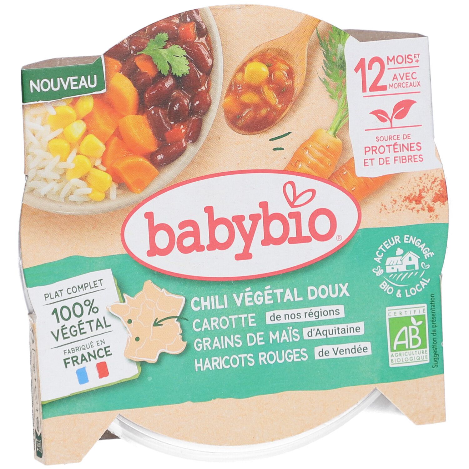 BABYBIO Chili Végétal Doux Carottes Grains de Maïs Haricots Rouges