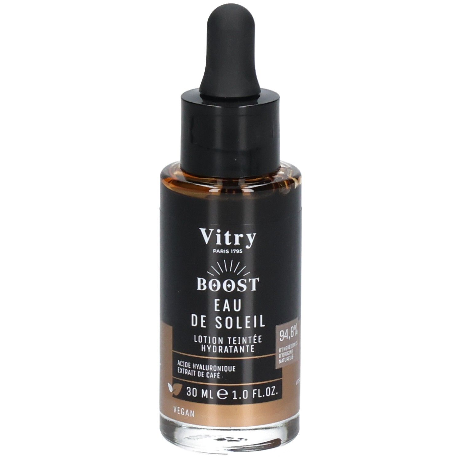 Flacon en verre brun avec bouchon noir et pipette. Inscription: Vitry Boost Eau de Soleil. 30 ml.