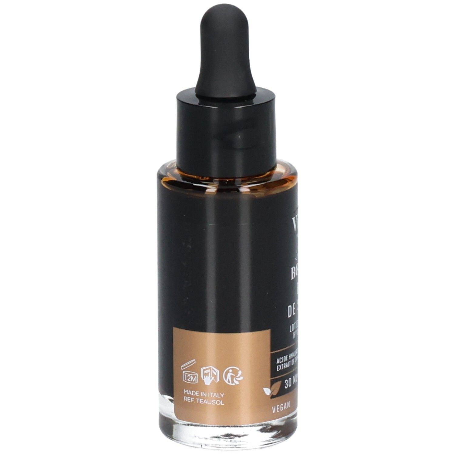 Flacon en verre brun avec bouchon noir et pipette. Dos avec texte et logos.