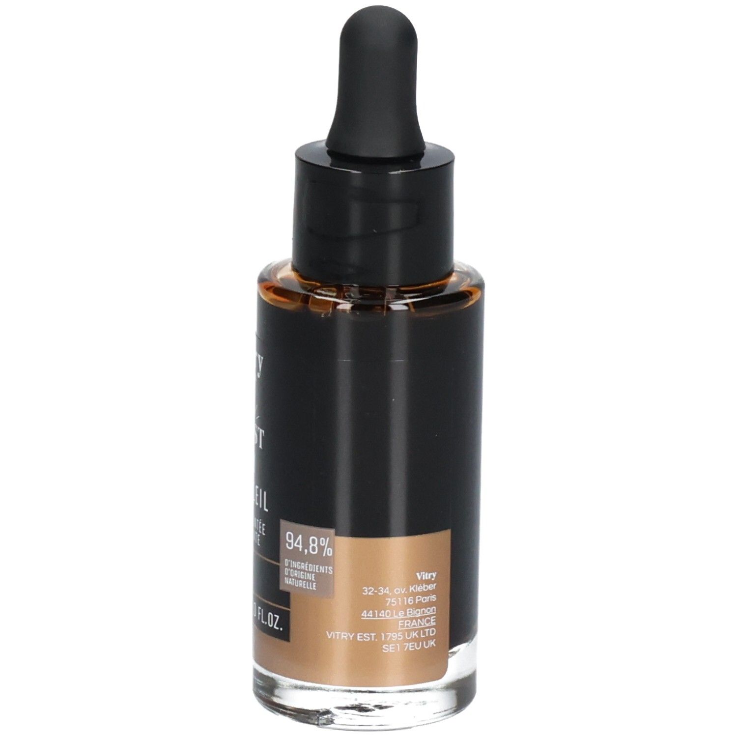 Flacon en verre brun avec bouchon noir et pipette. Inscription: Vitry Boost Eau de Soleil. 30 ml.