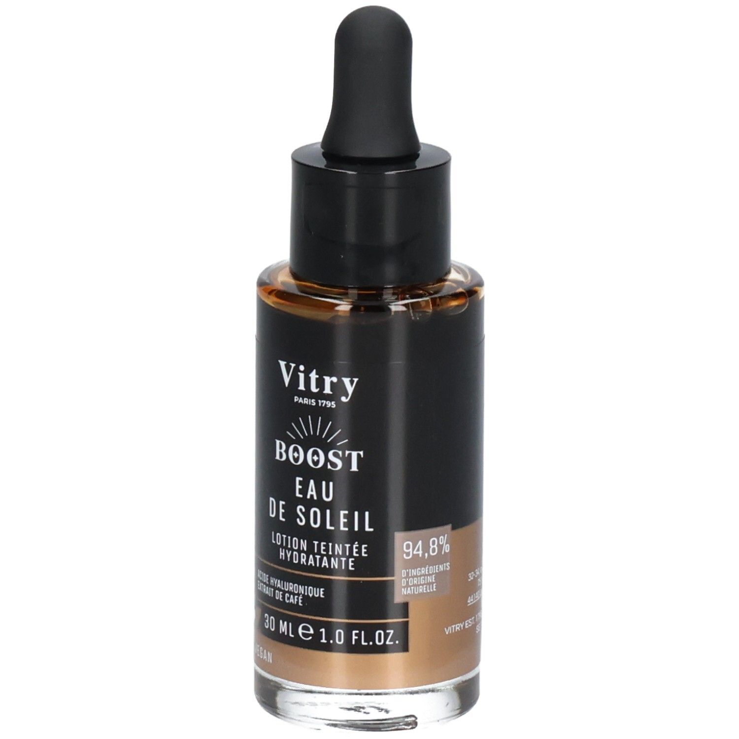 Flacon en verre brun avec bouchon noir et pipette. Inscription: Vitry Boost Eau de Soleil. 30 ml.