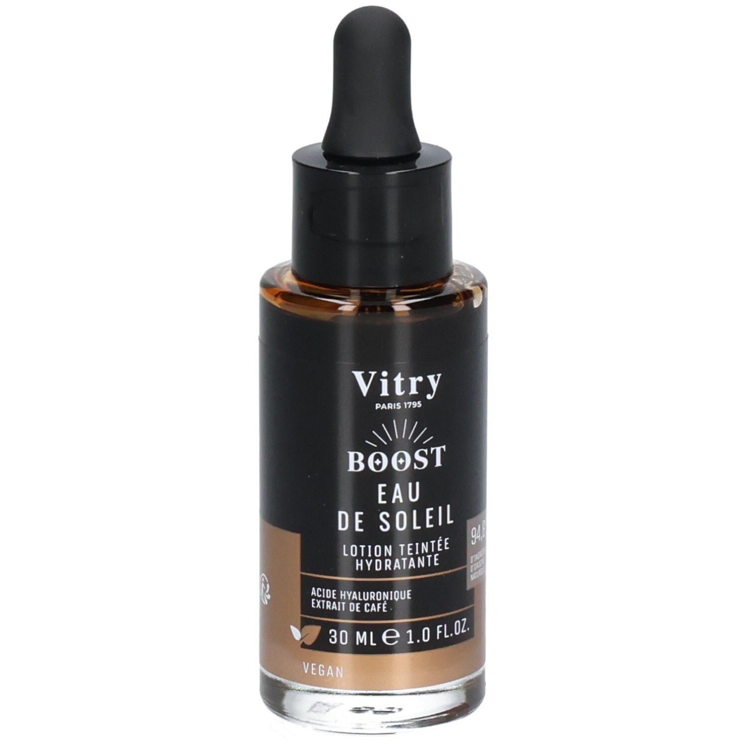 Flacon en verre brun avec bouchon noir et pipette. Inscription: Vitry Boost Eau de Soleil. 30 ml.