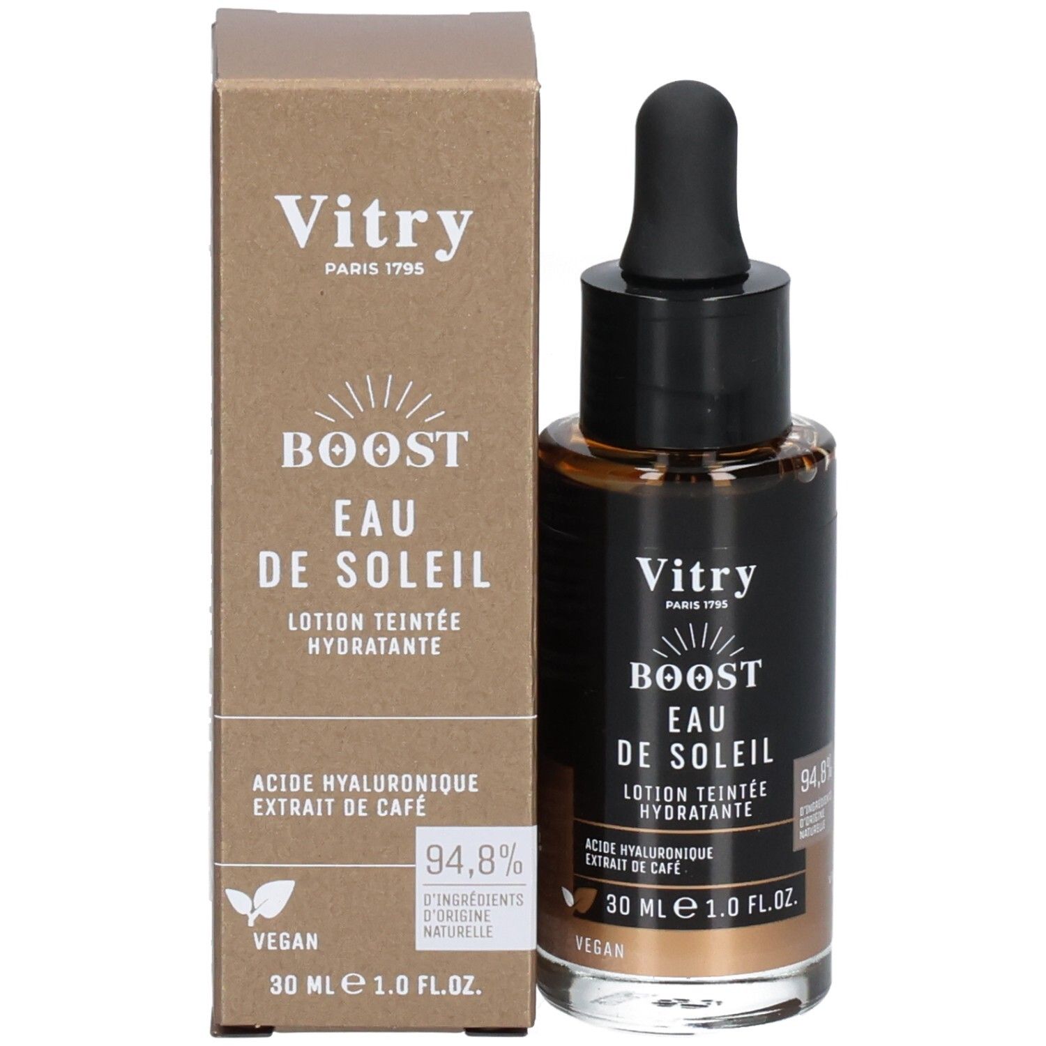 Emballage du produit avec flacon et boîte. Inscription: Vitry Boost Eau de Soleil. 30 ml.