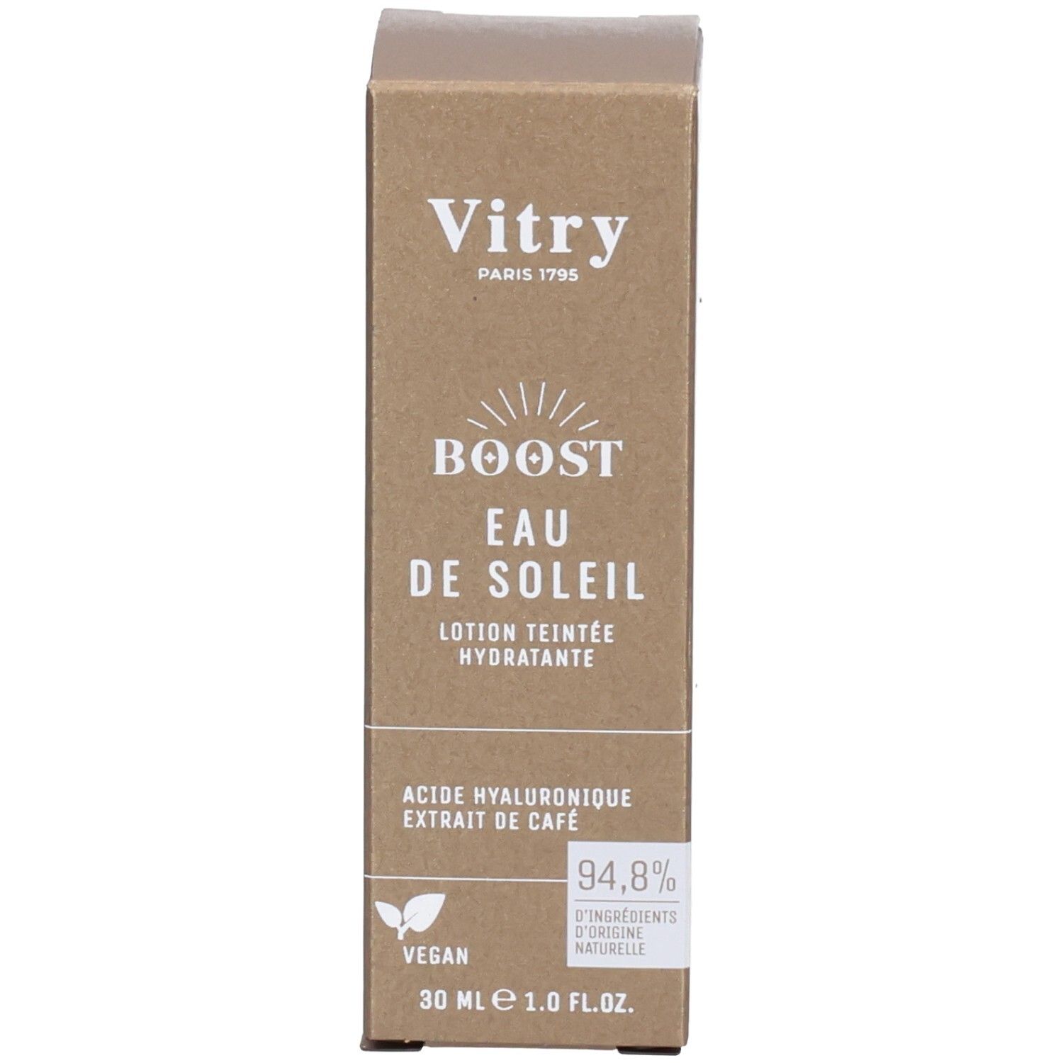 Emballage du produit, boîte. Inscription: Vitry Boost Eau de Soleil. 30 ml.