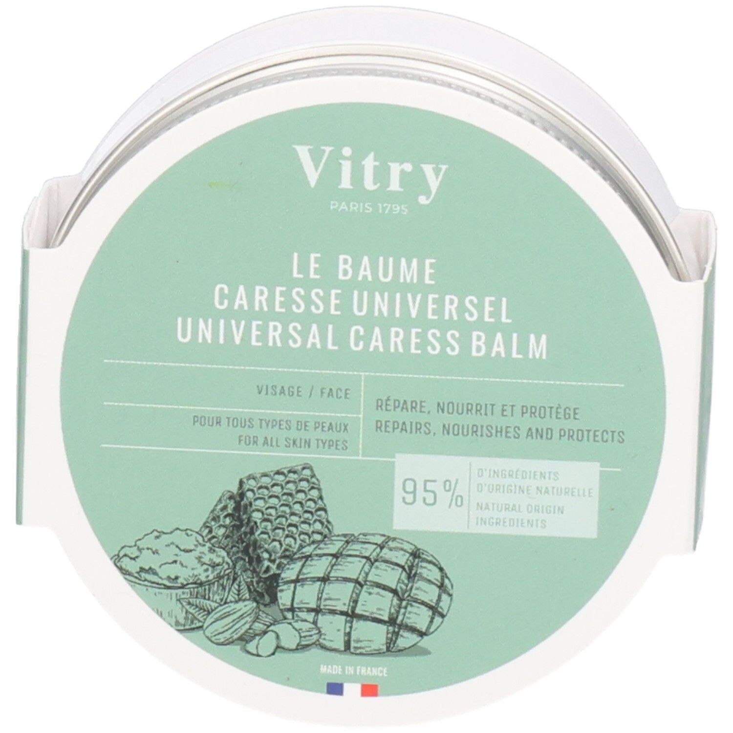 Pot rond avec étiquette verte. Inscription: Vitry, Le Baume Caresse Universel. 95% ingrédients d'origine naturelle.