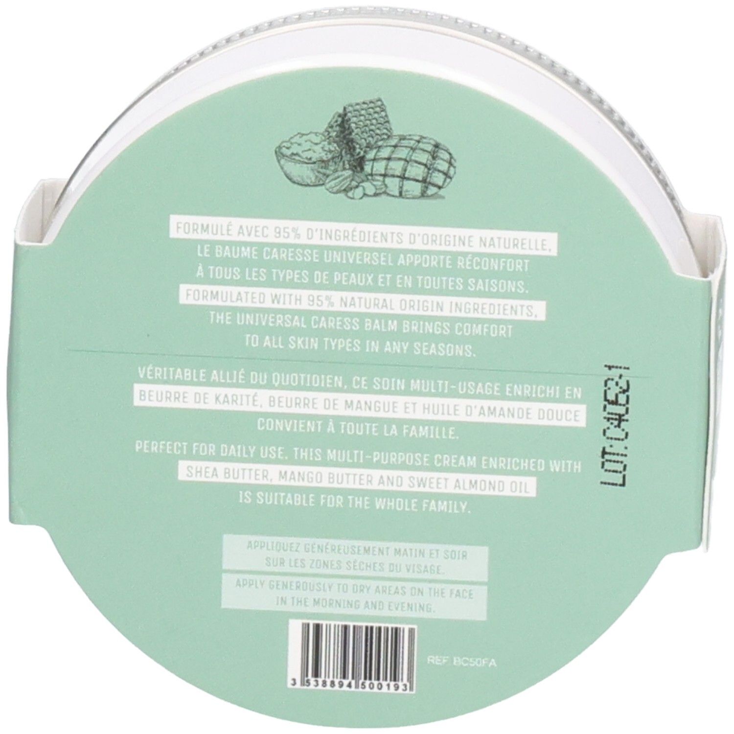 Dos de l'emballage. Texte: Le Baume Caresse Universel, formulé avec 95% d'ingrédients naturels. Convient à toute la famille.