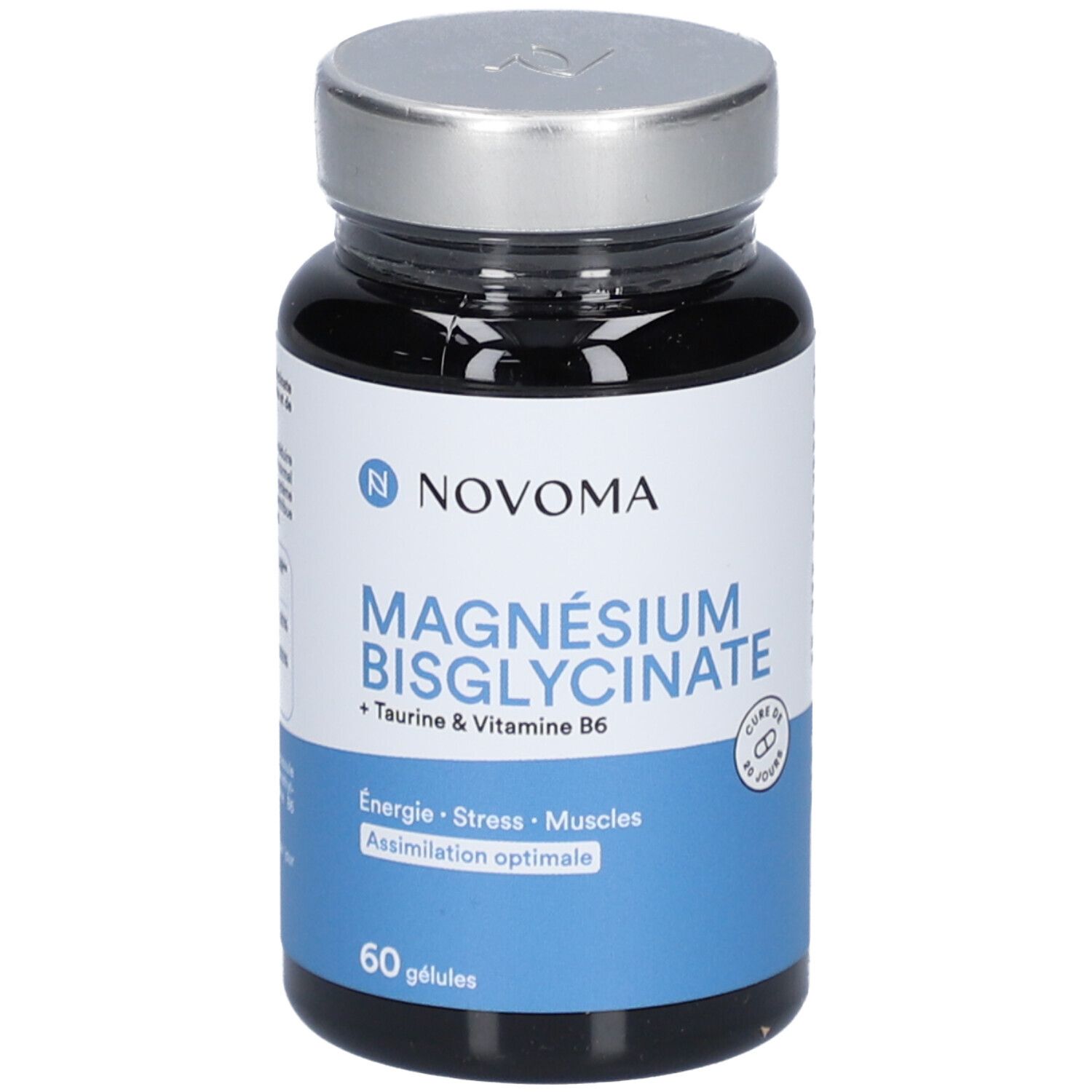 Flacon en verre noir avec bouchon argenté. Étiquette avec logo NOVOMA et nom du produit: MAGNÉSIUM BISGLYCINATE.