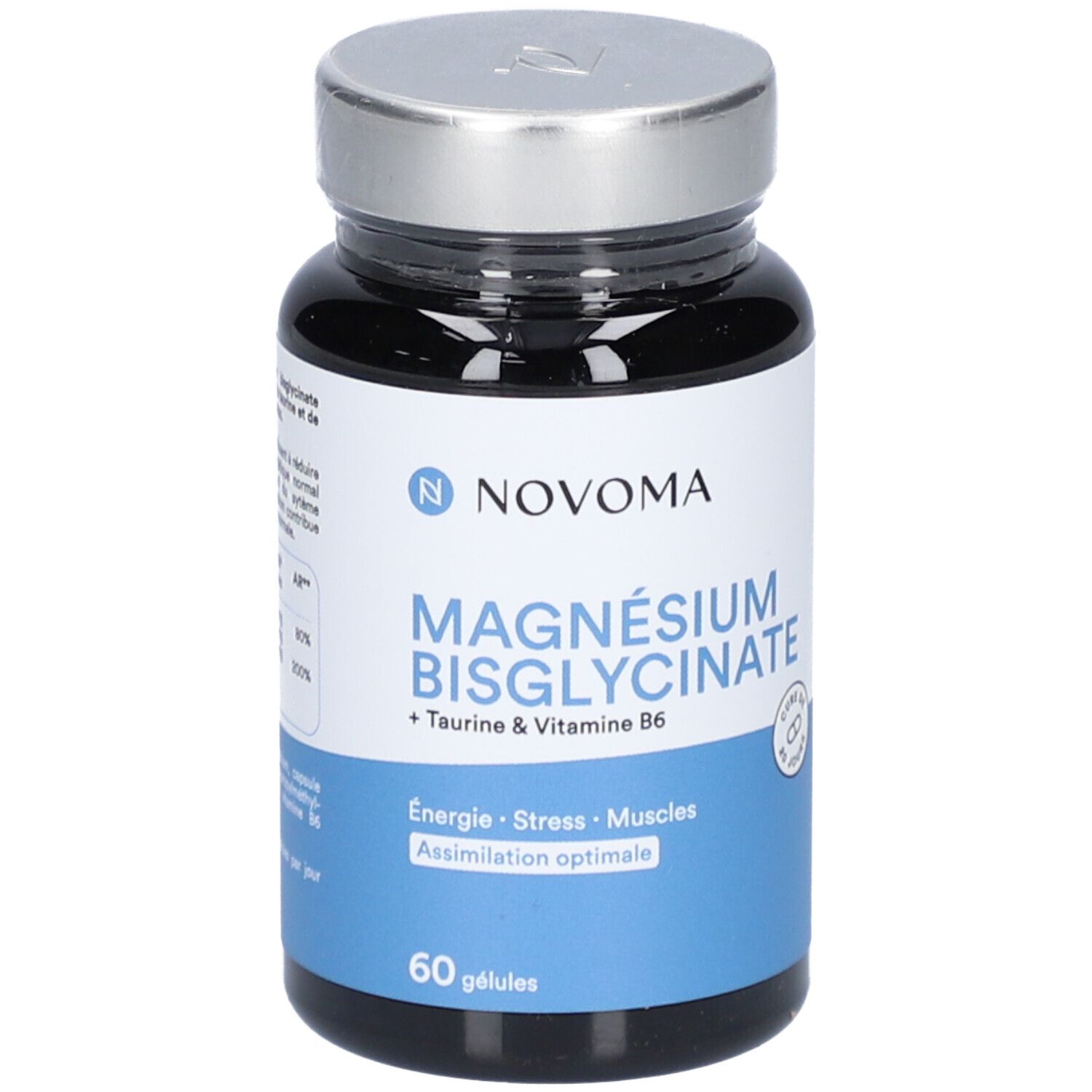 Flacon en verre noir avec bouchon argenté. Étiquette avec logo NOVOMA et nom du produit: MAGNÉSIUM BISGLYCINATE.