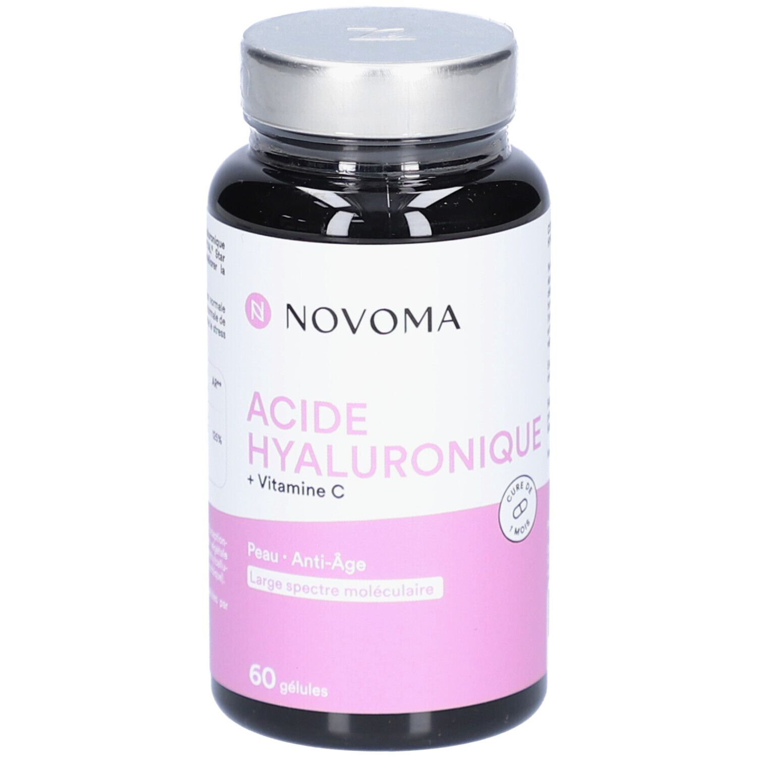 Flacon noir NOVOMA ACIDE HYALURONIQUE + Vitamine C. 60 gélules. Étiquette rose avec informations produit.