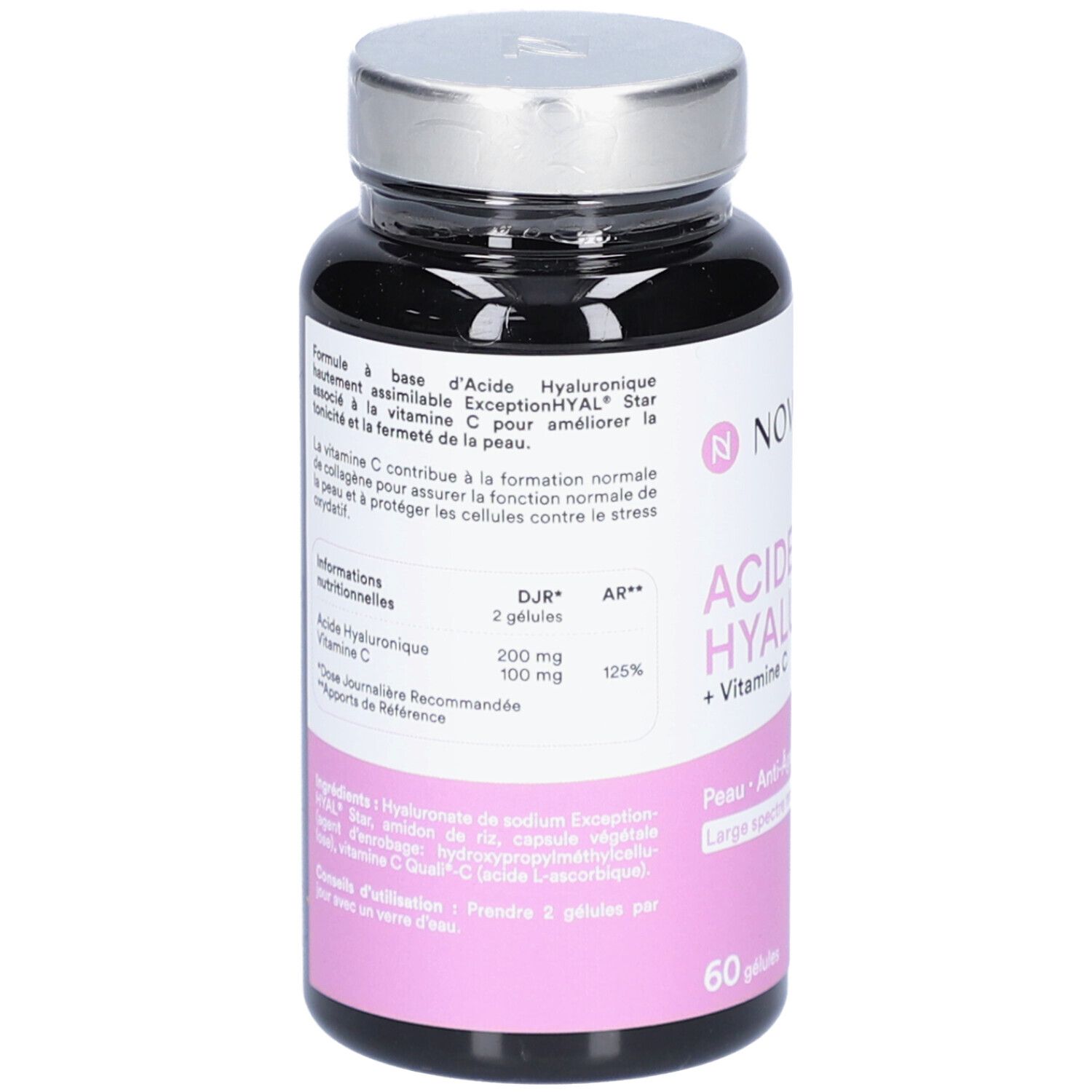 Dos du flacon NOVOMA ACIDE HYALURONIQUE + Vitamine C. Texte avec ingrédients et informations nutritionnelles.