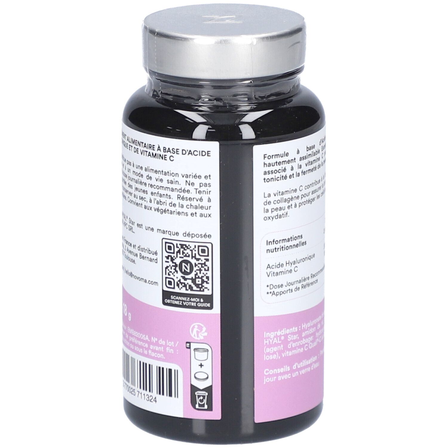 Dos du flacon NOVOMA ACIDE HYALURONIQUE + Vitamine C. Code QR et autres informations produit.
