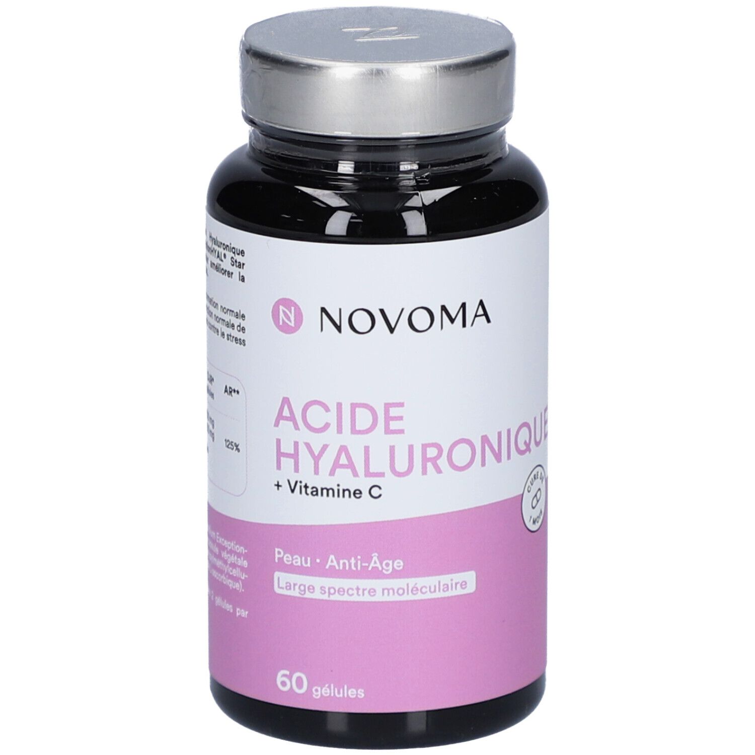 Flacon noir NOVOMA ACIDE HYALURONIQUE + Vitamine C. 60 gélules. Étiquette rose avec informations produit.