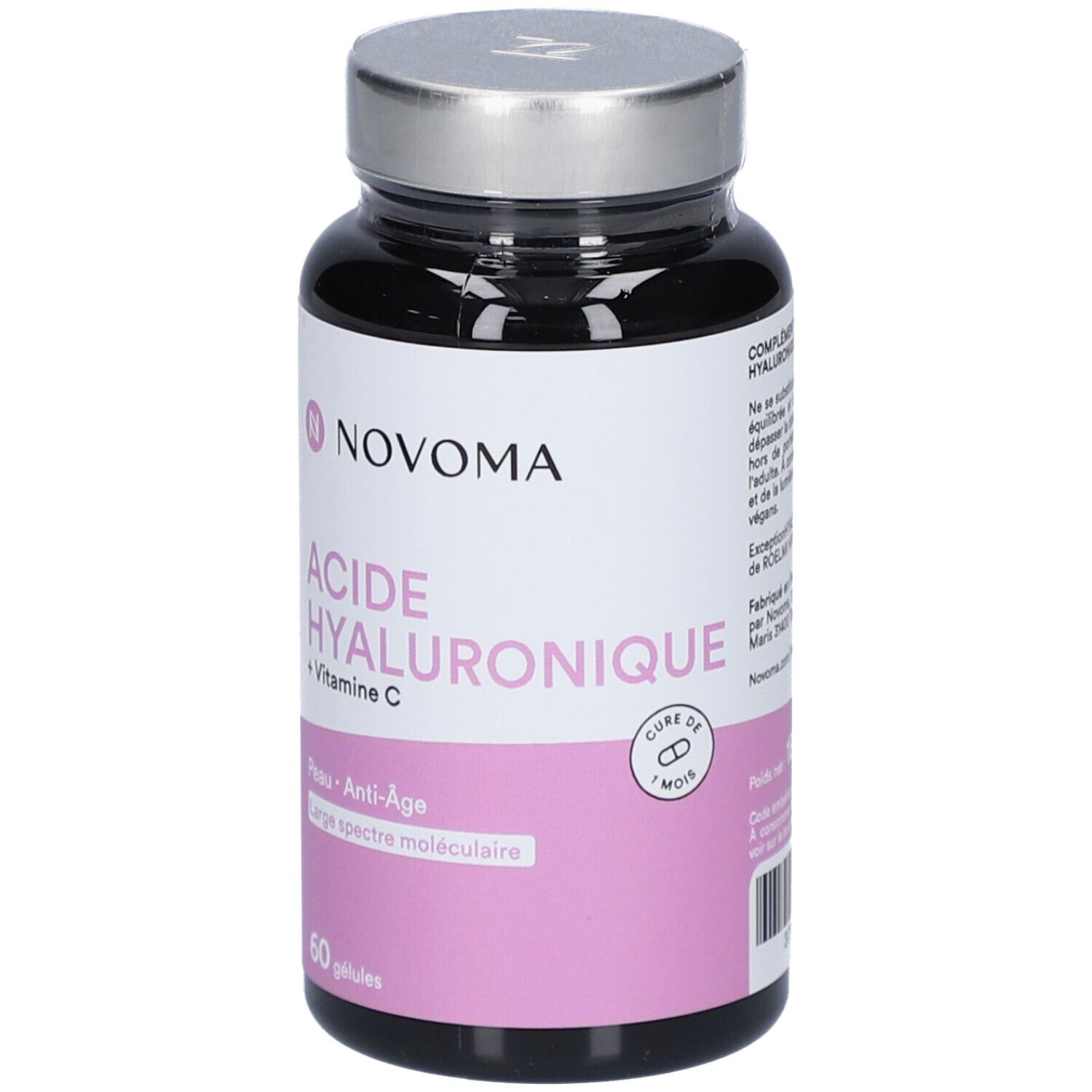 Flacon noir NOVOMA ACIDE HYALURONIQUE + Vitamine C. 60 gélules. Étiquette rose avec informations produit.