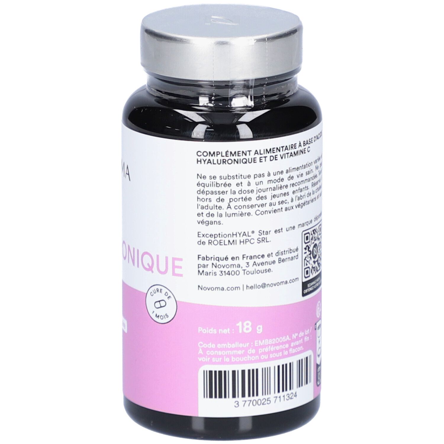 Dos du flacon NOVOMA ACIDE HYALURONIQUE + Vitamine C. Texte, code QR et informations produit.