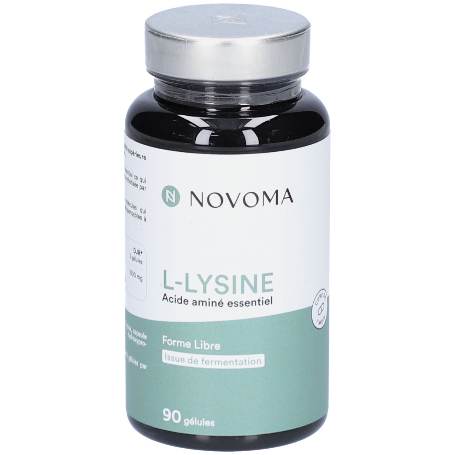 Flacon noir NOVOMA L-LYSINE. Inscription: L-LYSINE, acide aminé essentiel, 90 gélules. Fond vert et blanc.