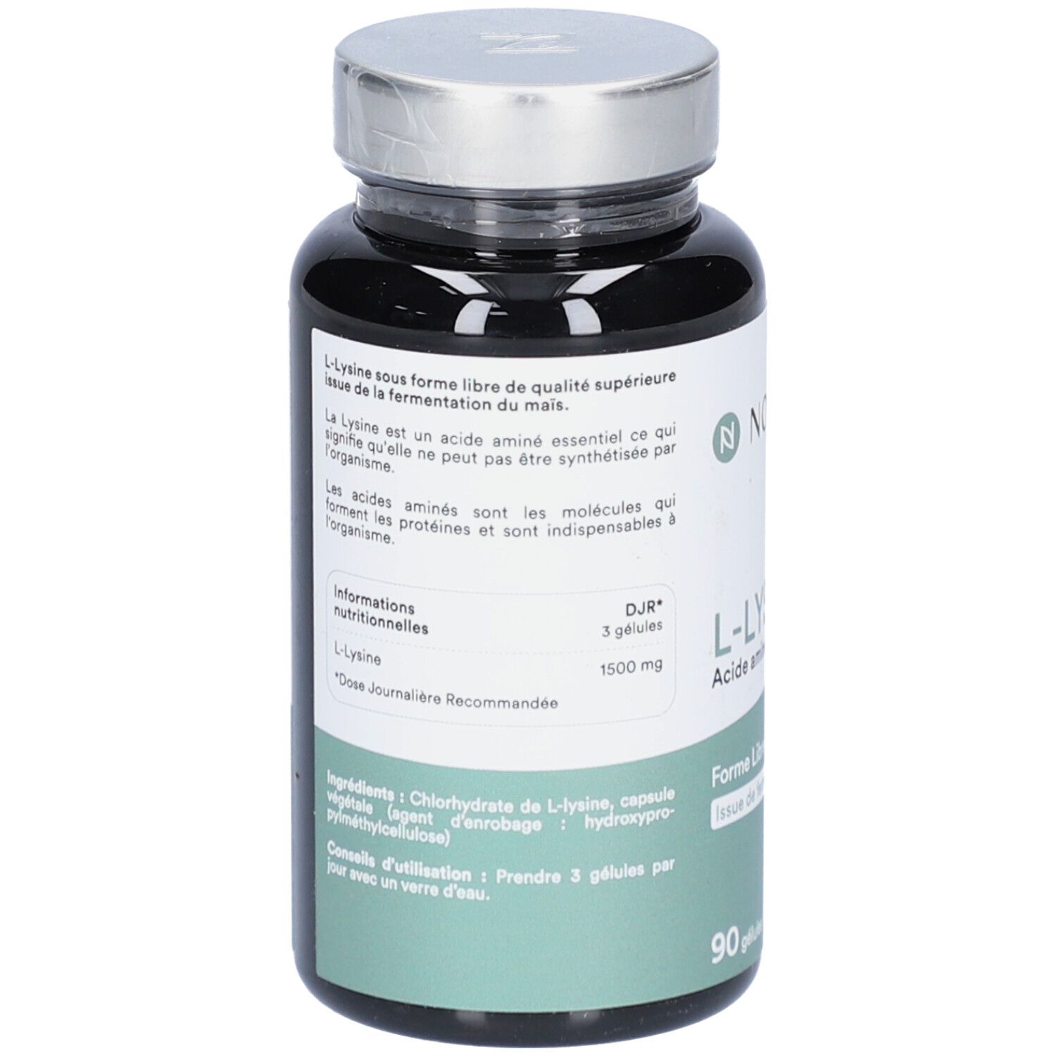 Dos du flacon noir NOVOMA L-LYSINE. Texte: L-Lysine sous forme libre, informations nutritionnelles, ingrédients.